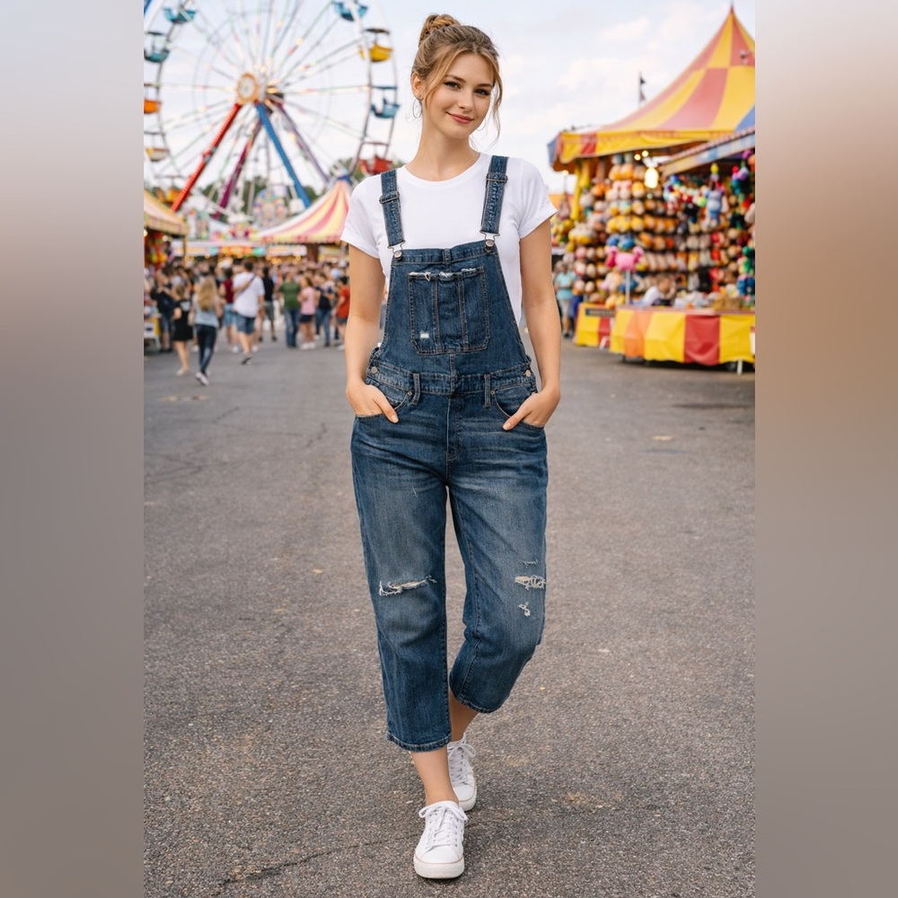 Lucky Brand Blue Distressed Boyfriend Denim Overalls